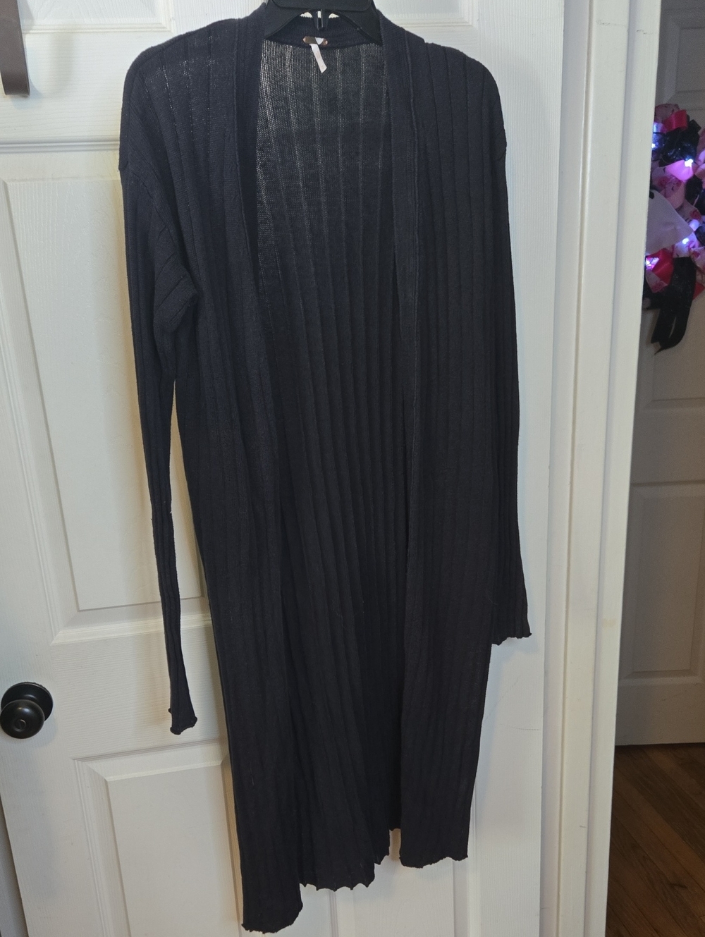 Long Open-Front Ribbed Sweater Cardigan - Black
